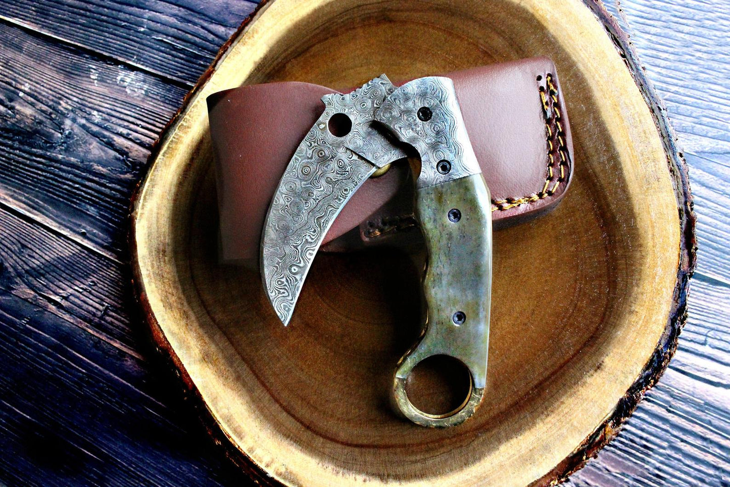 Handmade Damascus Folding Pocket Knife - Camel Bone Handle, Leather Sheath A-111