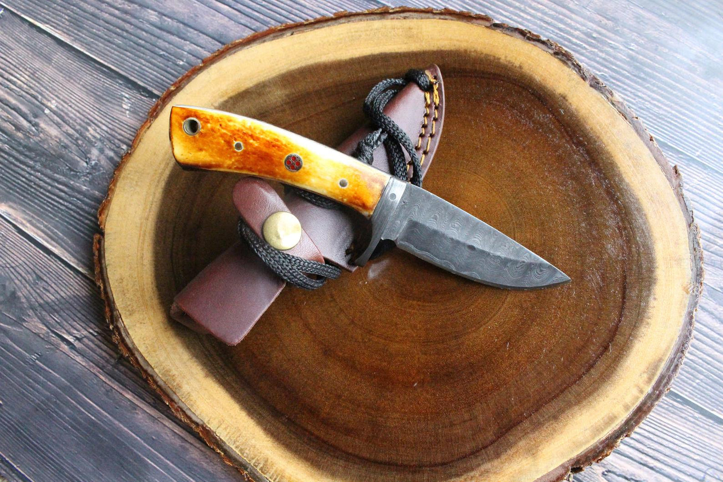 Damascus Steel Fixed Blade Hunting Knife With Damascus Hilt Titan Drop Point Hunter TD-077