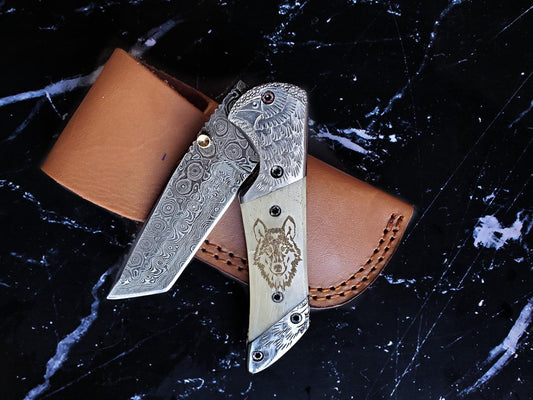 Titan American Eagle - Raindrop Damascus Folding Blade/ EDC/ Eagle Engraved Steel Bolster / Engraved Wolf on Bone TF-008