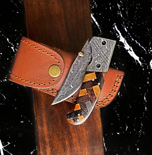 Custom Checkered Titan Classico - Raindrop Damascus Folding Blade/ EDC/ Checkered (Walnut & Olive)  TF-001Y