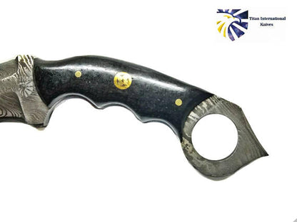 Damascus Ring Skinner With Black Canvas Micarta Scales - Curved Fixed Blade Knife TD-197