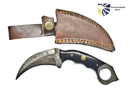 Damascus Ring Skinner With Black Canvas Micarta Scales - Curved Fixed Blade Knife TD-197