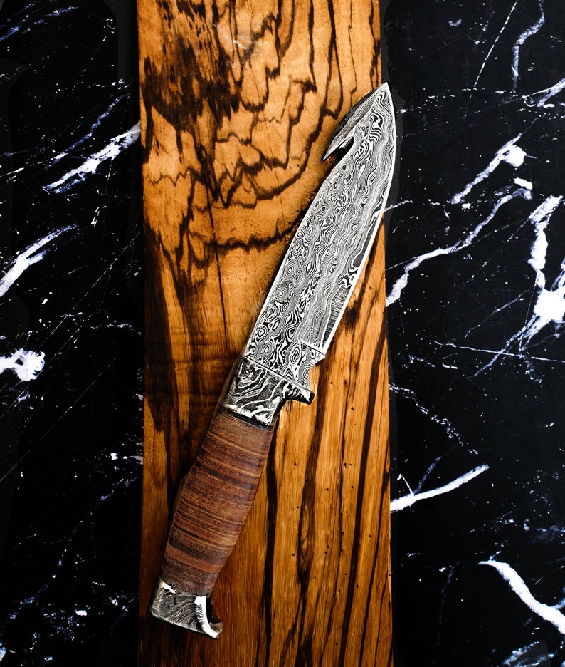 Damascus Steel, Handmade Knife, Hunting Knife With Gut Hook, Stacked Leather Handle Military Style