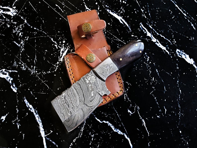 EDC Mini Cleaver/ Handmade Damascus Steel/ Bushcraft Knife/ Tactical Handle With Dyed Bone Handle TD-231