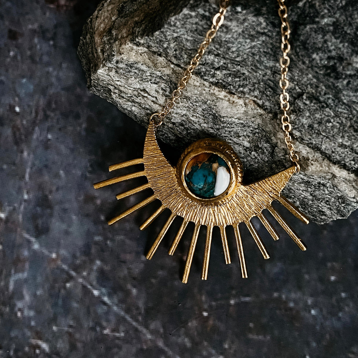 Sun Goddess Necklace - Sun Pendant With Copper Oyster Turquoise