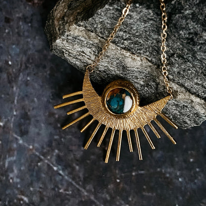 Sun Goddess Necklace - Sun Pendant With Copper Oyster Turquoise