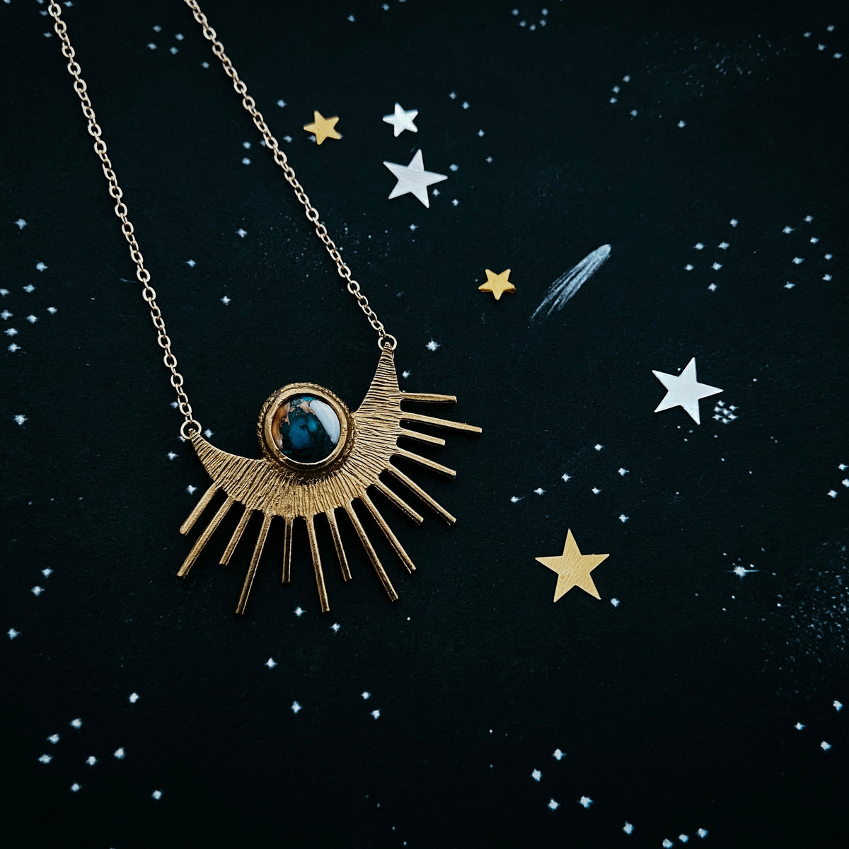 Sun Goddess Necklace - Sun Pendant With Copper Oyster Turquoise