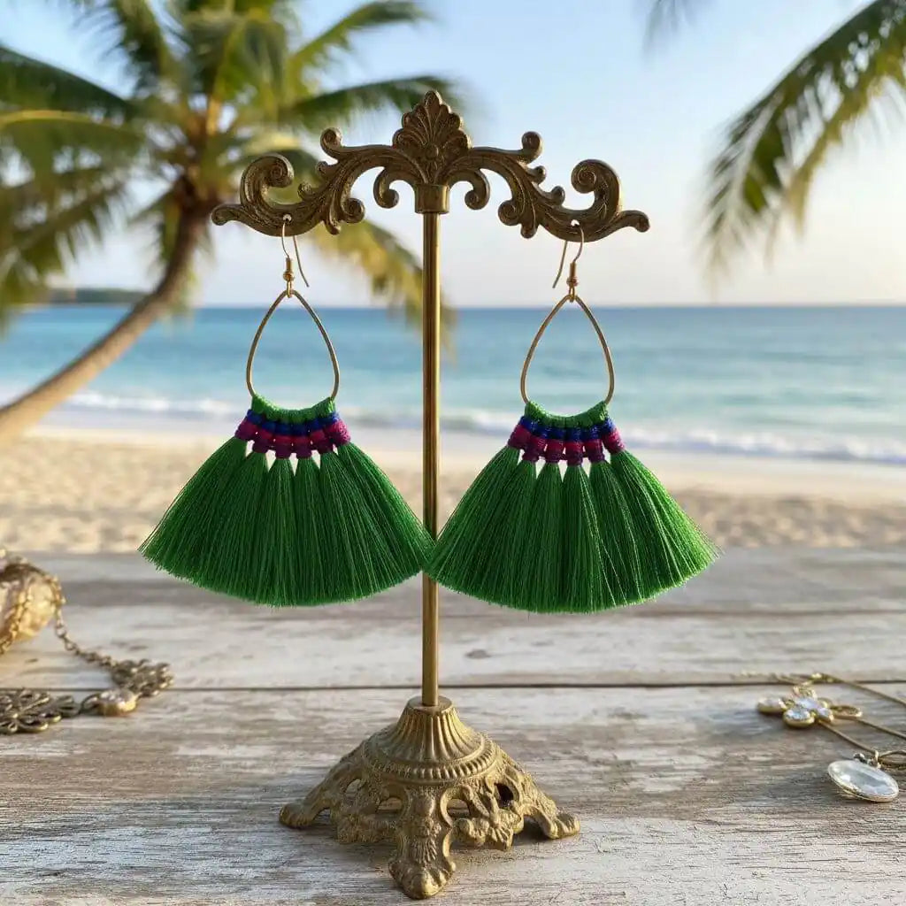 Handmade Hawaii Hula Skirt Rayon Silk Tassel Hoop Earrings