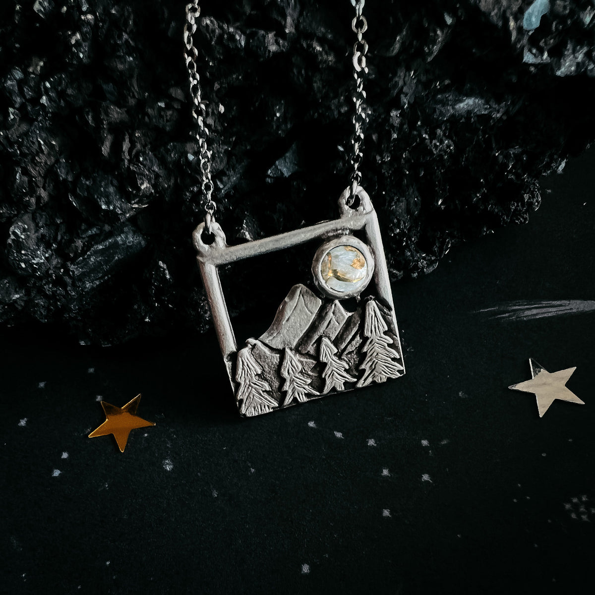 CLEARANCE Square Mountain Landscape Necklace With Copper Calcite Moon