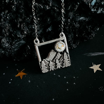 CLEARANCE Square Mountain Landscape Necklace With Copper Calcite Moon