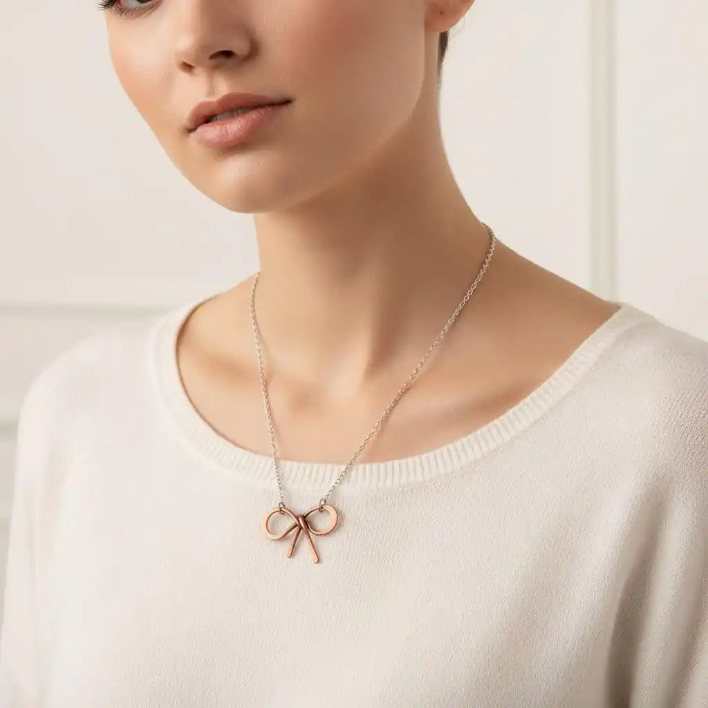 Wire Wrapped Copper Bow Tie Silver Chain Necklace
