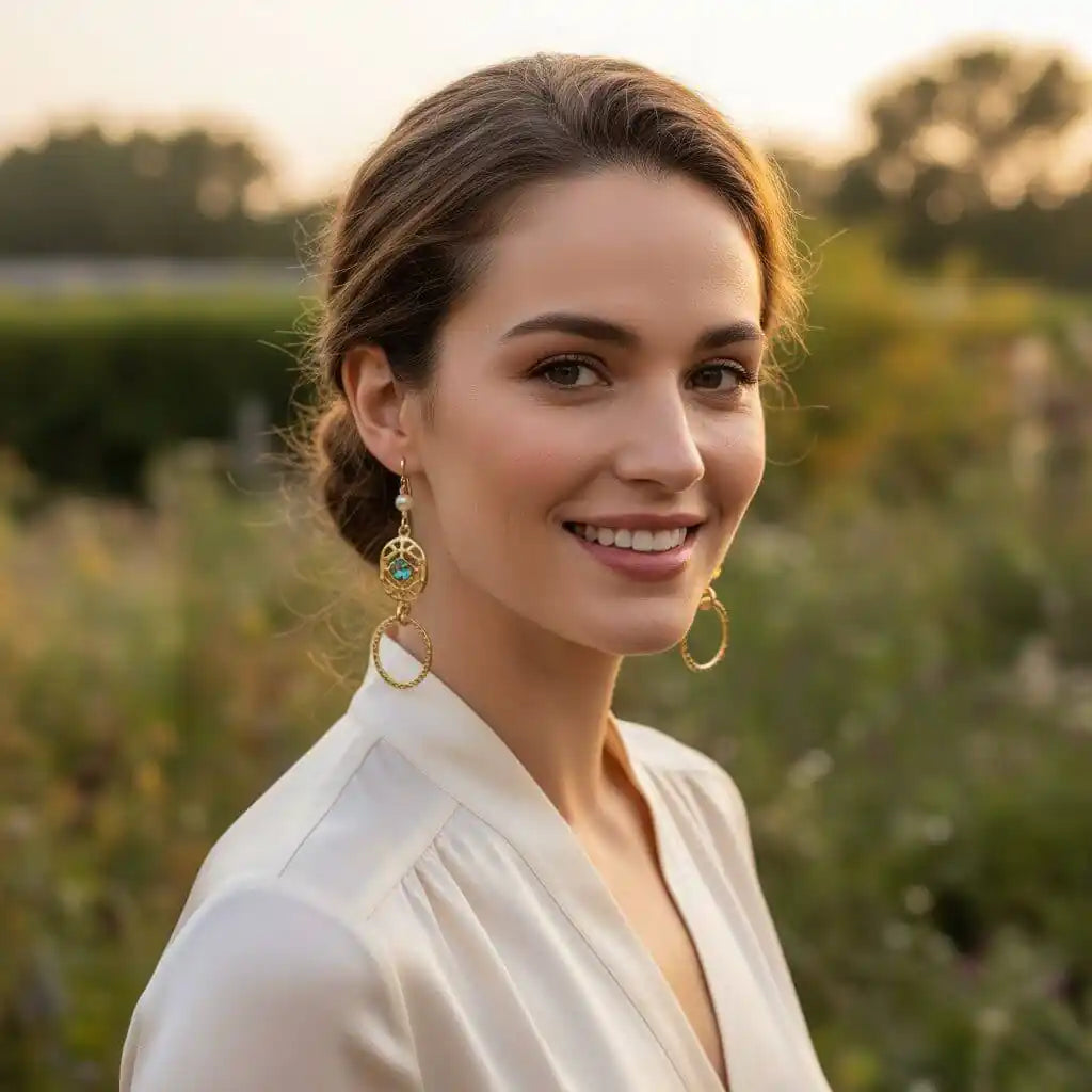 14 KT Gold Filled Green Crystal Circle Filigree Earrings