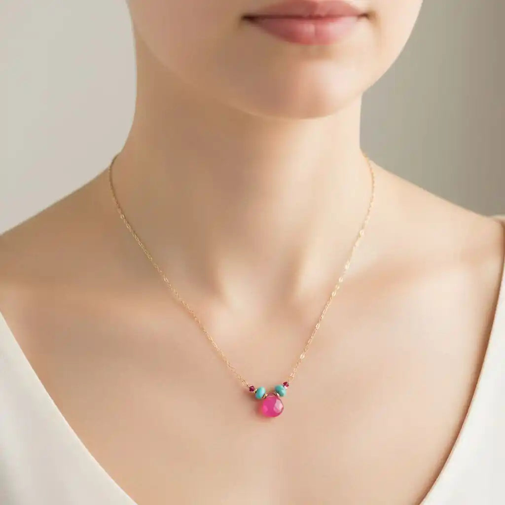 Pink Chalcedony Drop and Turquoise Gold Filled Necklace