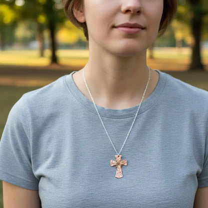 Chained Hammered Copper Cross Necklace for Him or Her