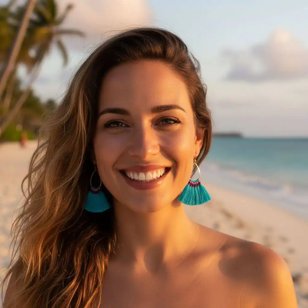 Handmade Hawaii Hula Skirt Rayon Silk Tassel Hoop Earrings