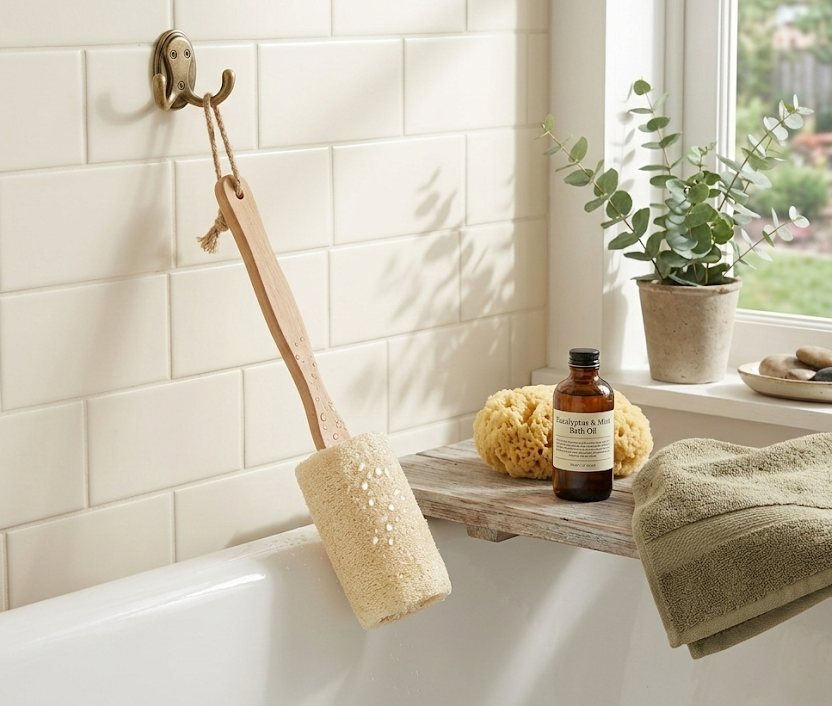 Natural Loofah Bath Brush W/Long Handle.