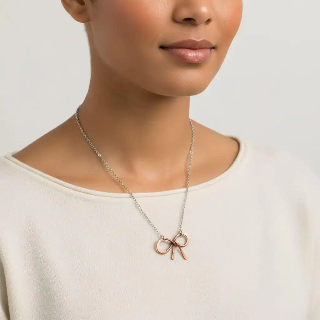 Wire Wrapped Copper Bow Tie Silver Chain Necklace