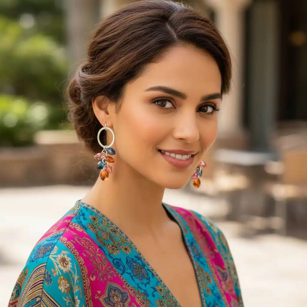Silver Circle Multi Color Crystal Drop Dangle Earrings