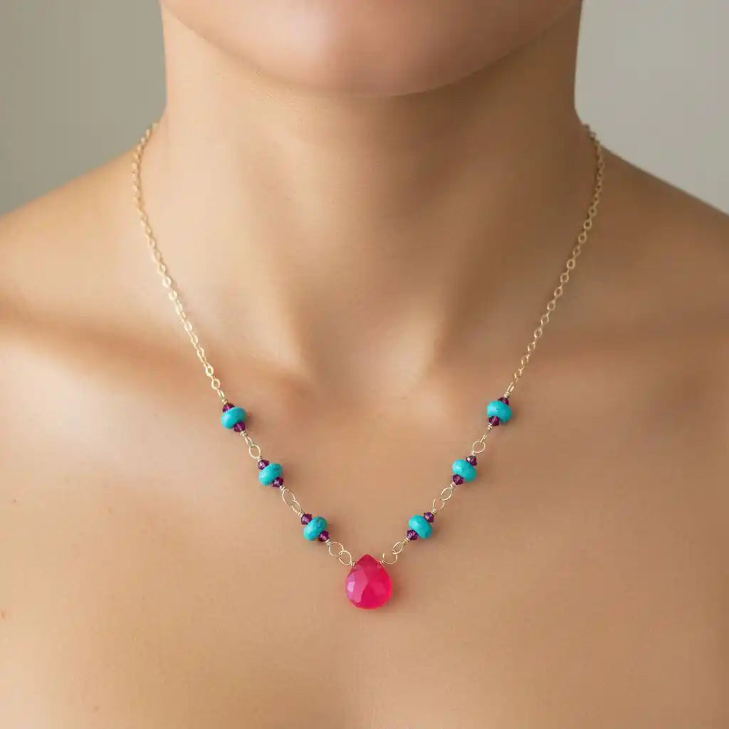 Gold Filled Pink Chalcedony Turquoise Gemstone Drop Necklace