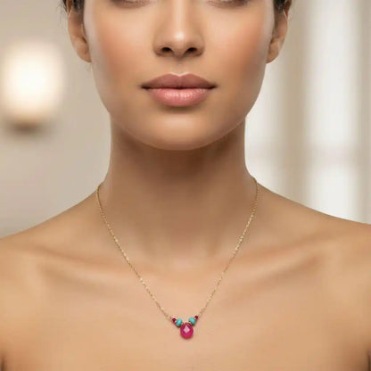 Pink Chalcedony Drop and Turquoise Gold Filled Necklace