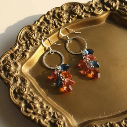 Silver Circle Multi Color Crystal Drop Dangle Earrings