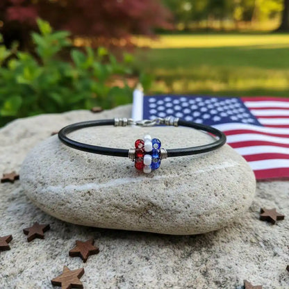 Patriotic Red White Blue Beaded Bead Leather Bracelet