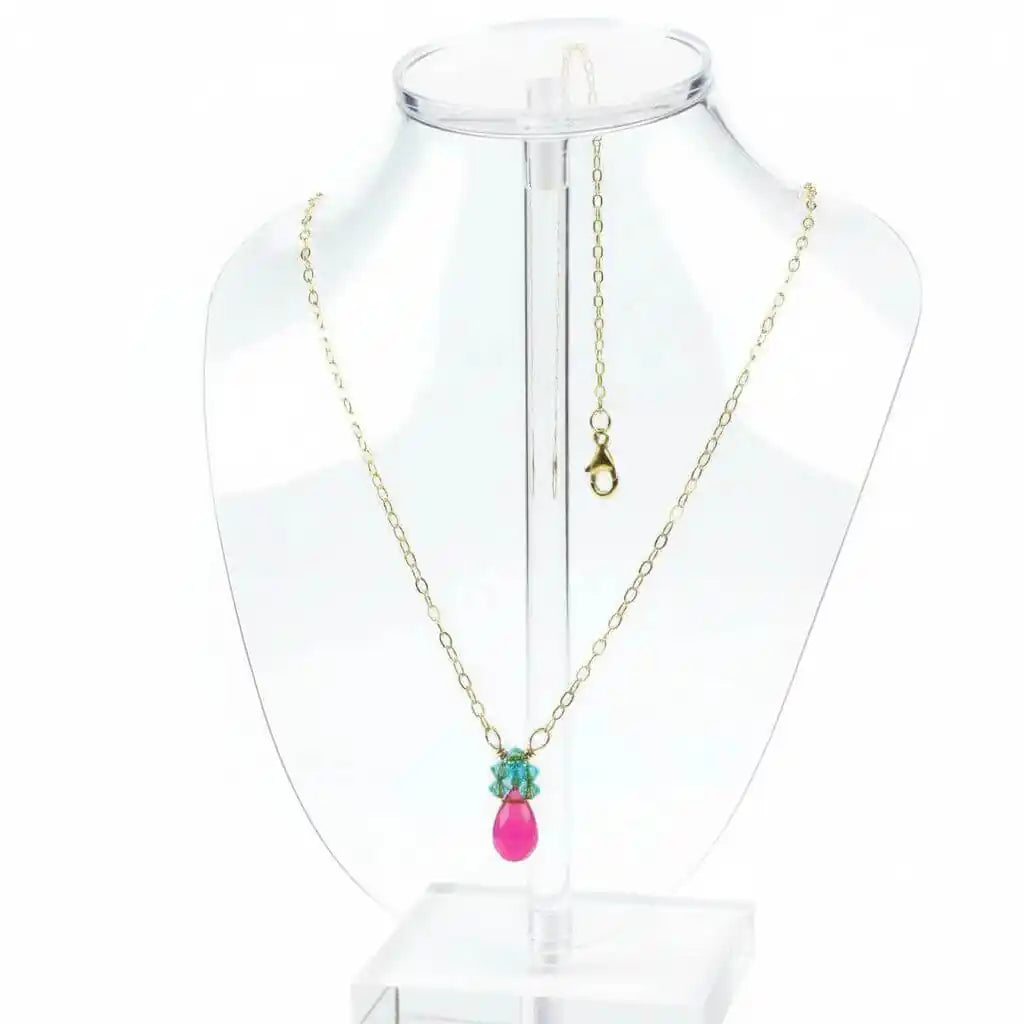 Gold Filled Pink and Aqua Gemstone Crystal Chain Necklace
