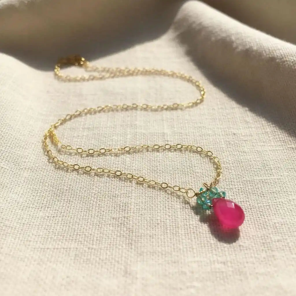 Gold Filled Pink and Aqua Gemstone Crystal Chain Necklace