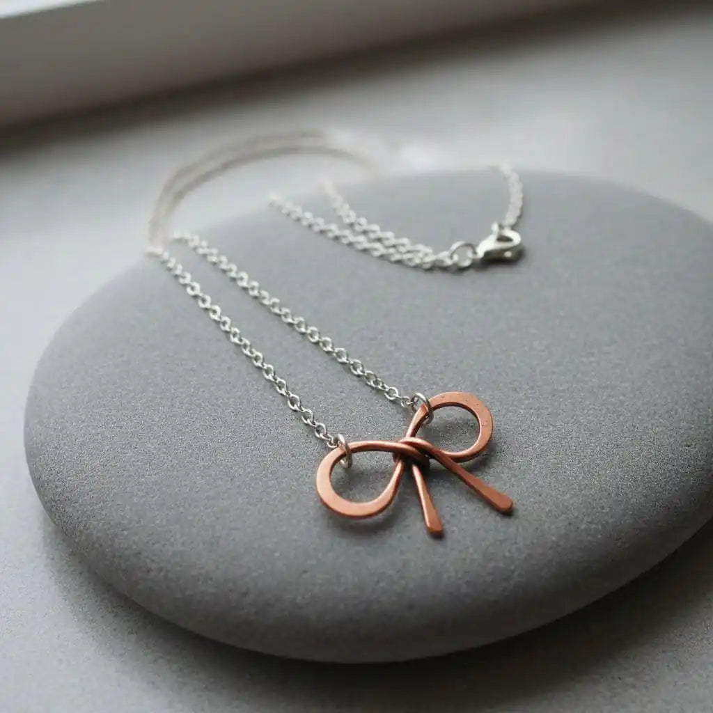 Wire Wrapped Copper Bow Tie Silver Chain Necklace