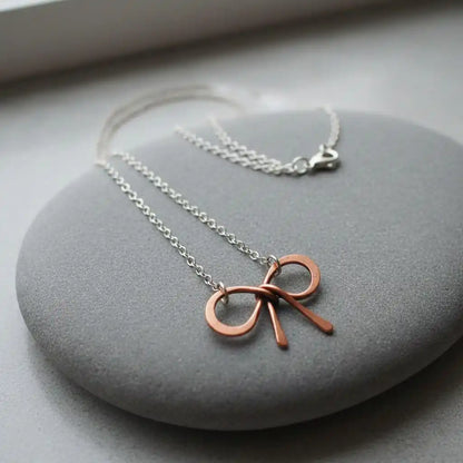 Wire Wrapped Copper Bow Tie Silver Chain Necklace