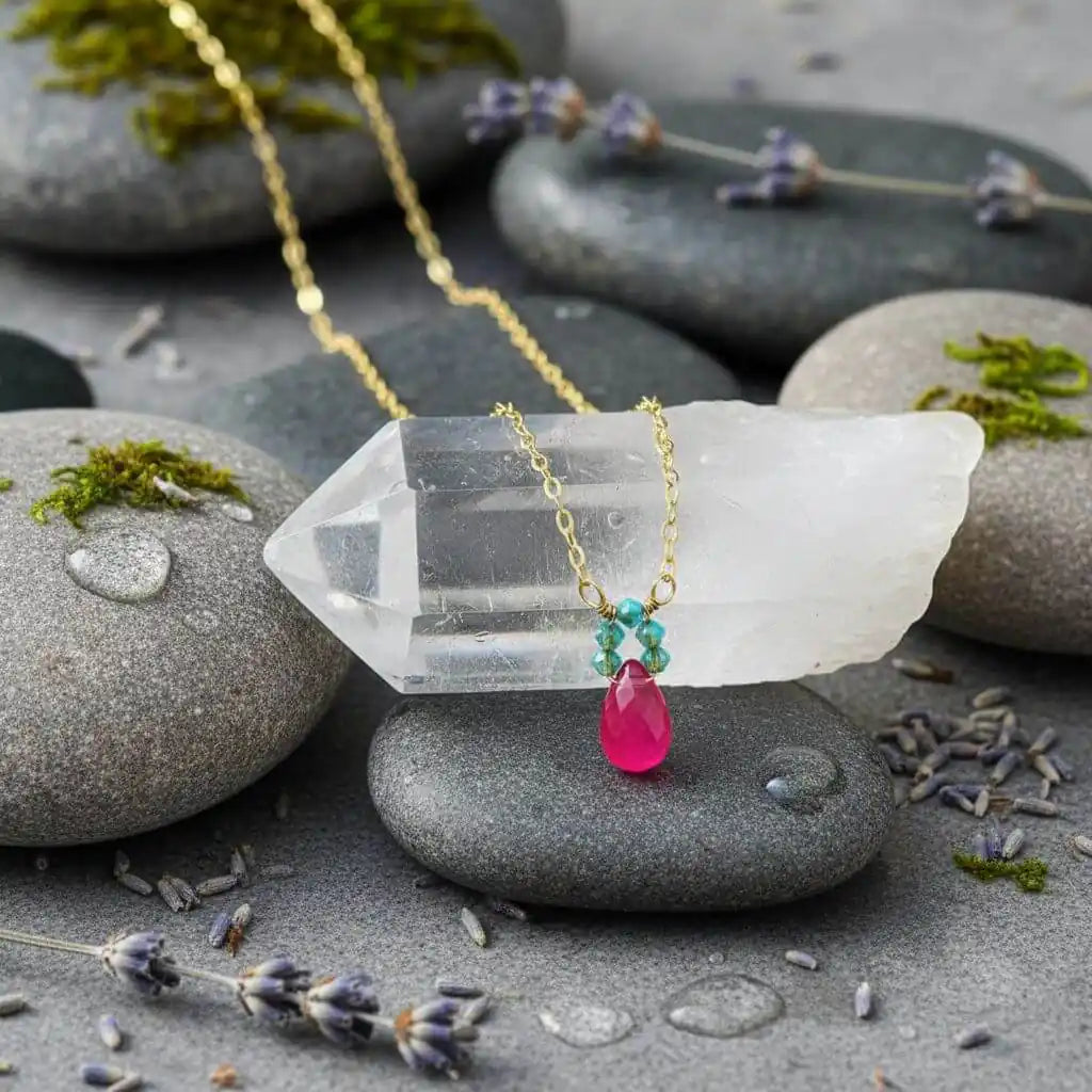 Gold Filled Pink and Aqua Gemstone Crystal Chain Necklace