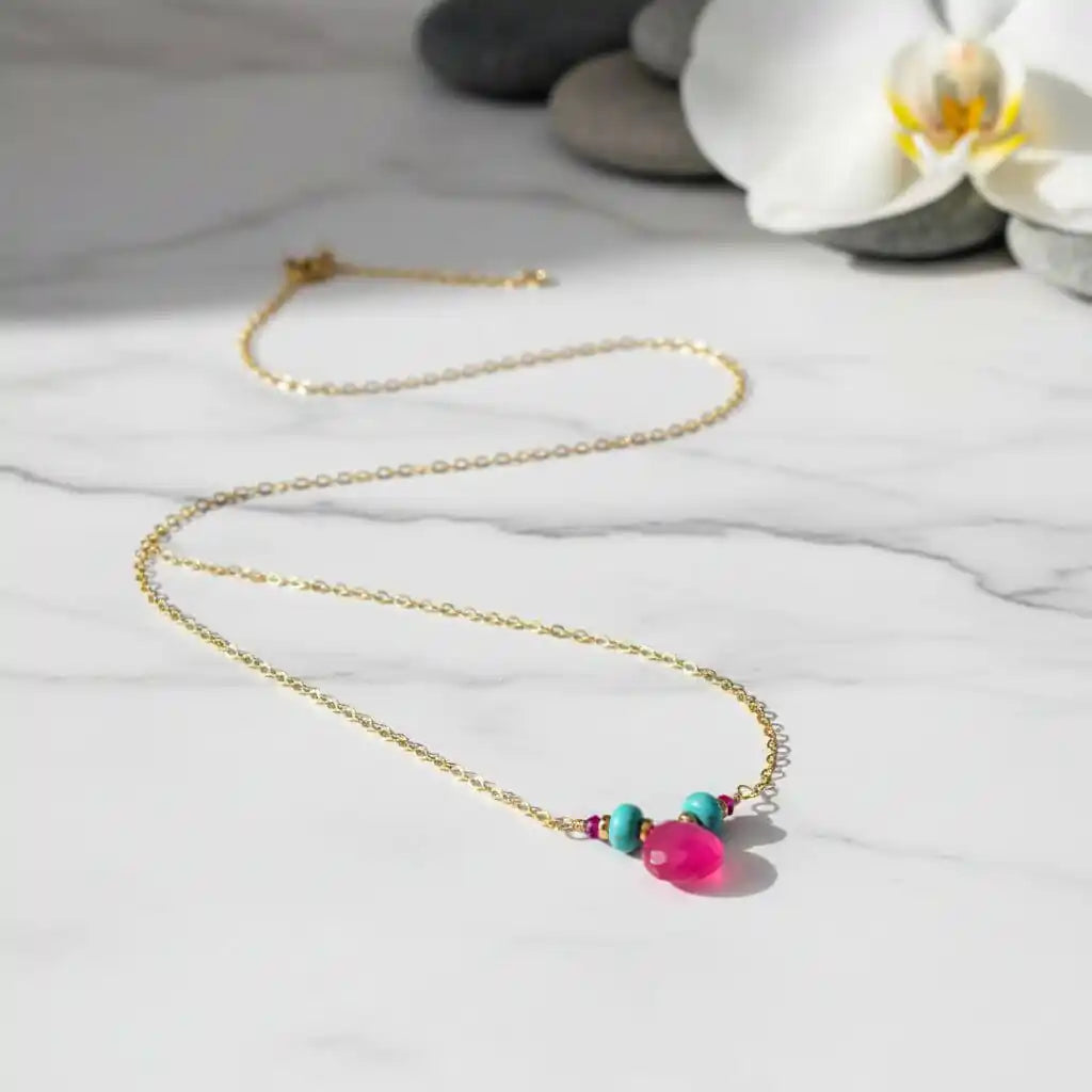 Pink Chalcedony Drop and Turquoise Gold Filled Necklace