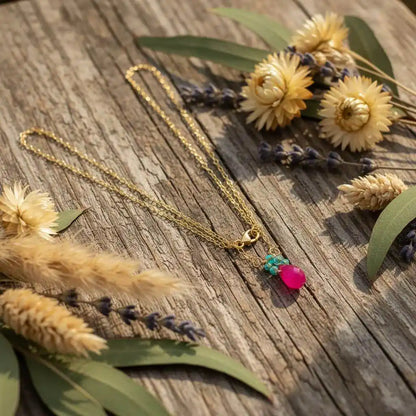 Gold Filled Pink and Aqua Gemstone Crystal Chain Necklace