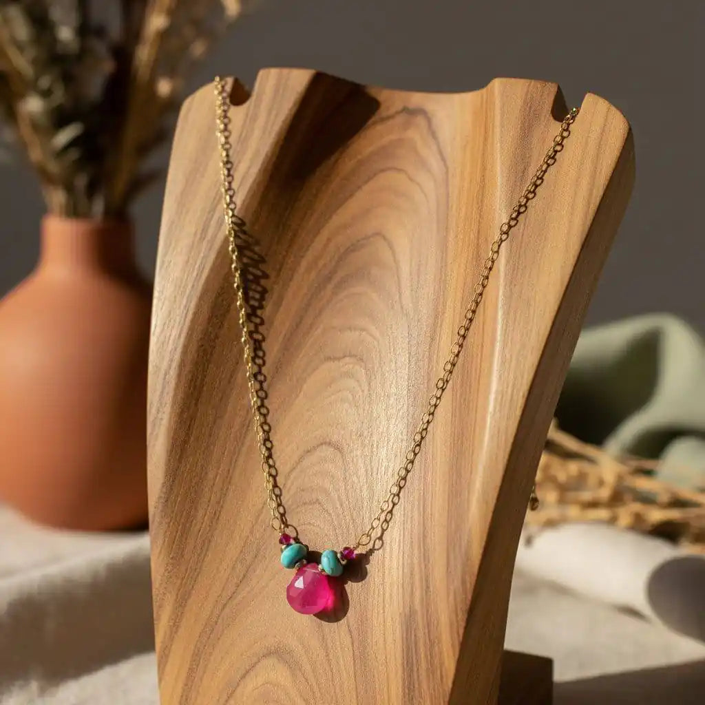 Pink Chalcedony Drop and Turquoise Gold Filled Necklace