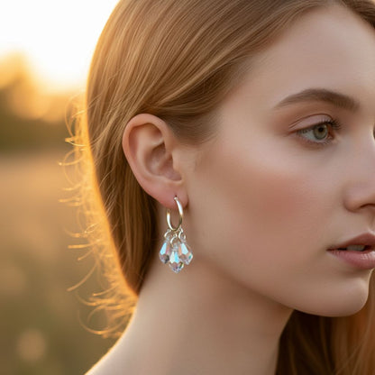 Sterling Silver Hoop Sparkly Crystal Drop Dangle Earrings