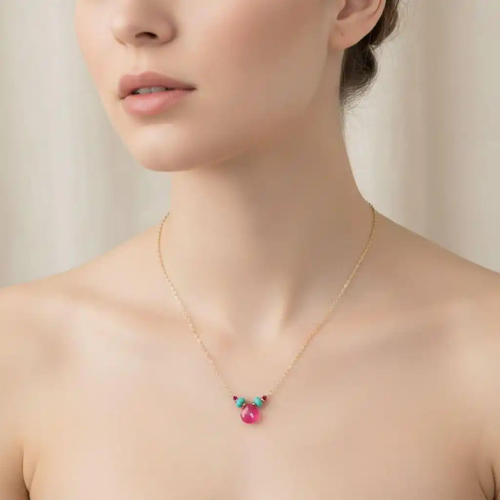Pink Chalcedony Drop and Turquoise Gold Filled Necklace