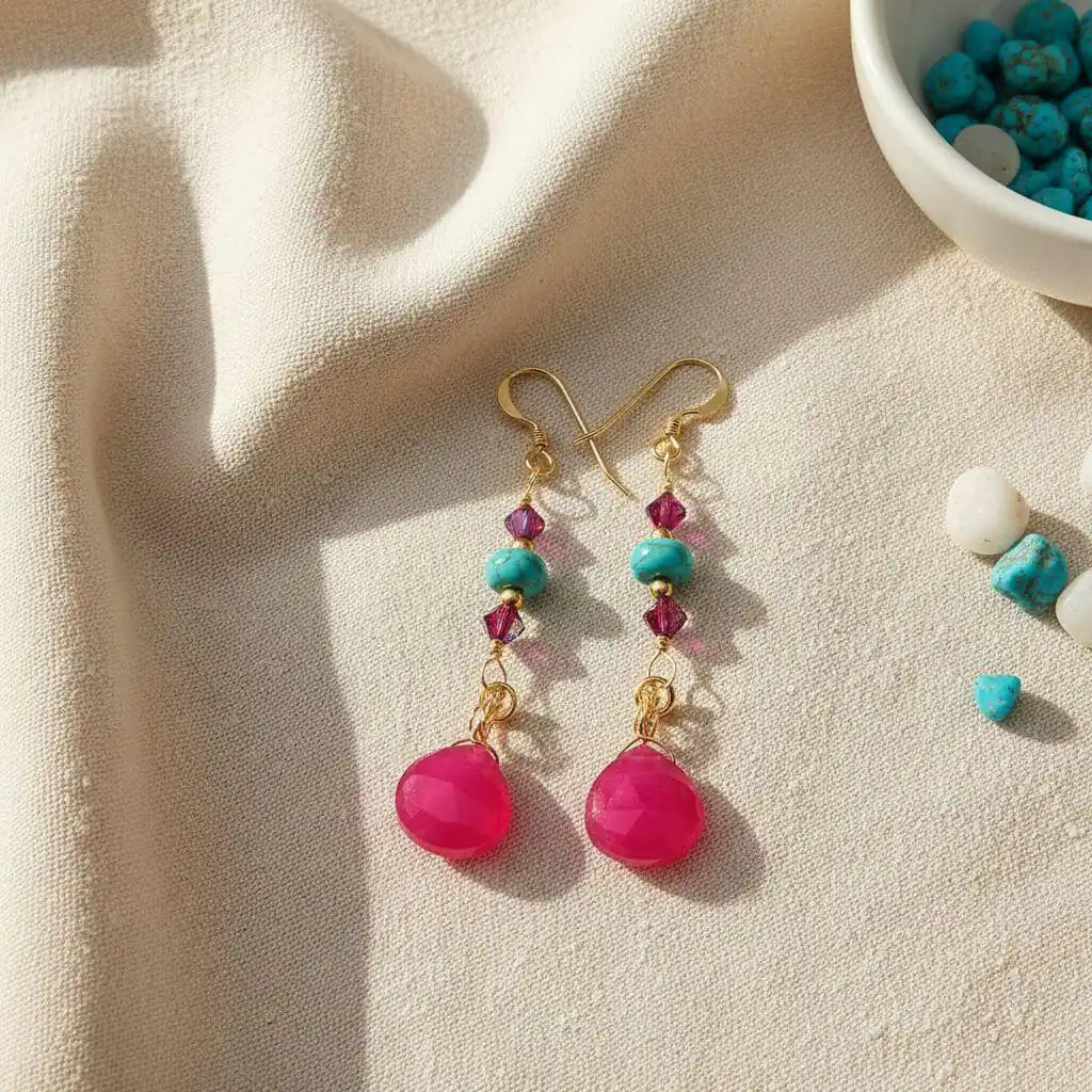 Gold Filled Wire Wrapped Pink Turquoise Gemstone Earrings