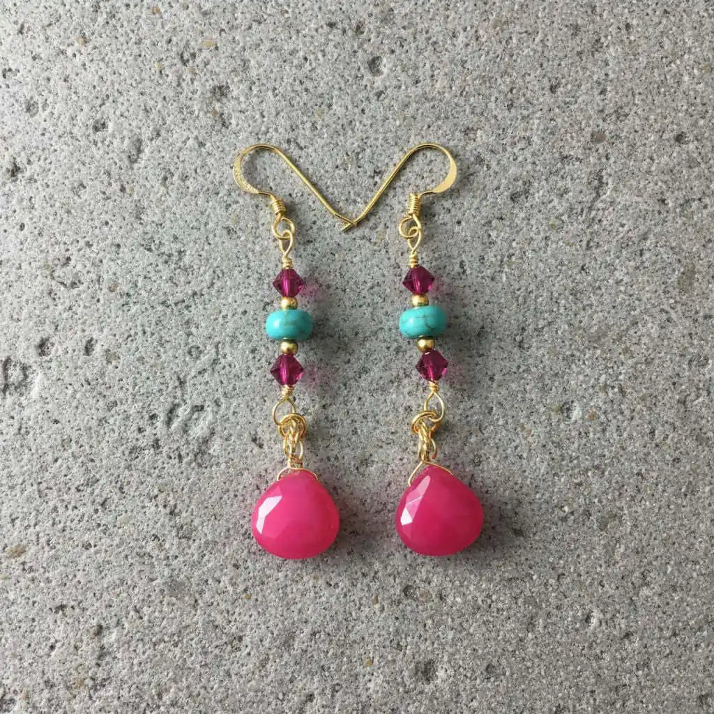 Gold Filled Wire Wrapped Pink Turquoise Gemstone Earrings