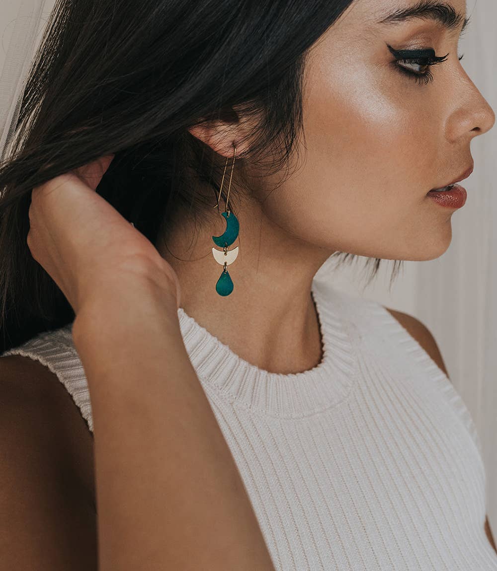 Rajani Teal & Gold Moon Earrings