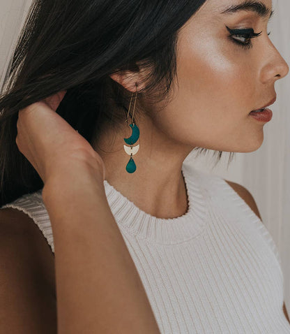 Rajani Teal & Gold Moon Earrings