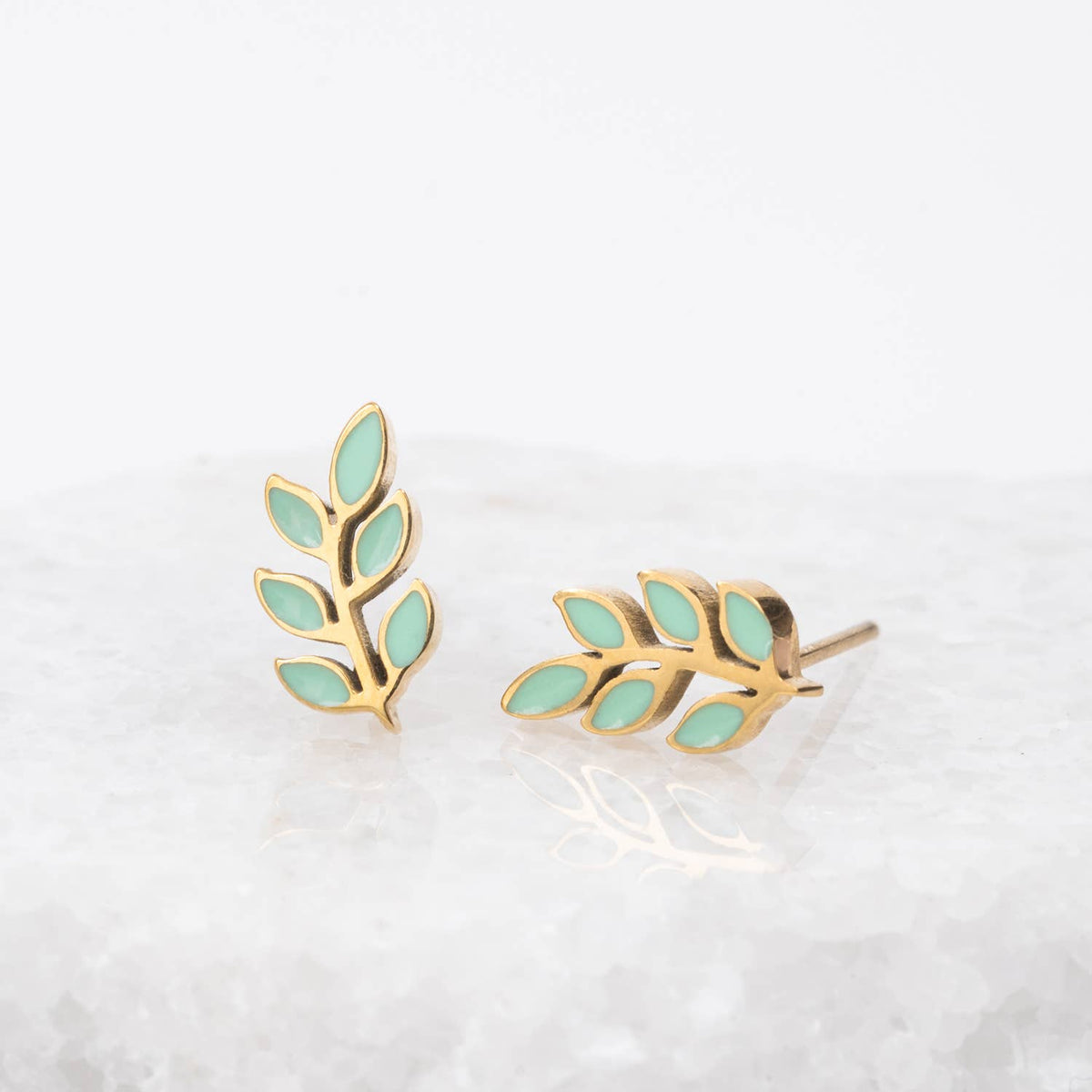 Rowen Leaf Stud Earrings- Gold Plated Leaf Design Studs Mint Green Stud Earrings