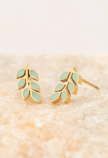 Rowen Leaf Stud Earrings- Gold Plated Leaf Design Studs Mint Green Stud Earrings
