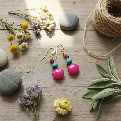 Gold Filled Wire Wrapped Pink and Aqua Gemstone Earrings
