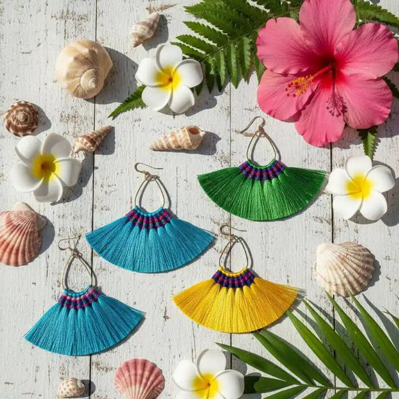 Handmade Hawaii Hula Skirt Rayon Silk Tassel Hoop Earrings