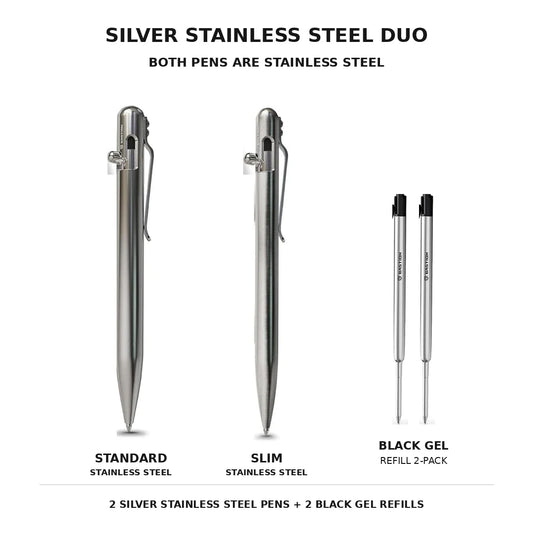 Silver Stainless Steel Duo - Standard + Slim + Black Gel Ink Refill 2-Pack