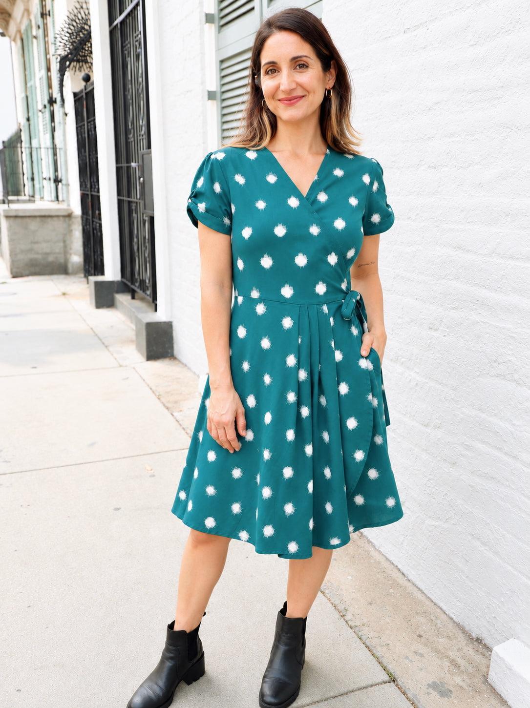 Teal Polka Dot Organic Cotton Wrap Dress