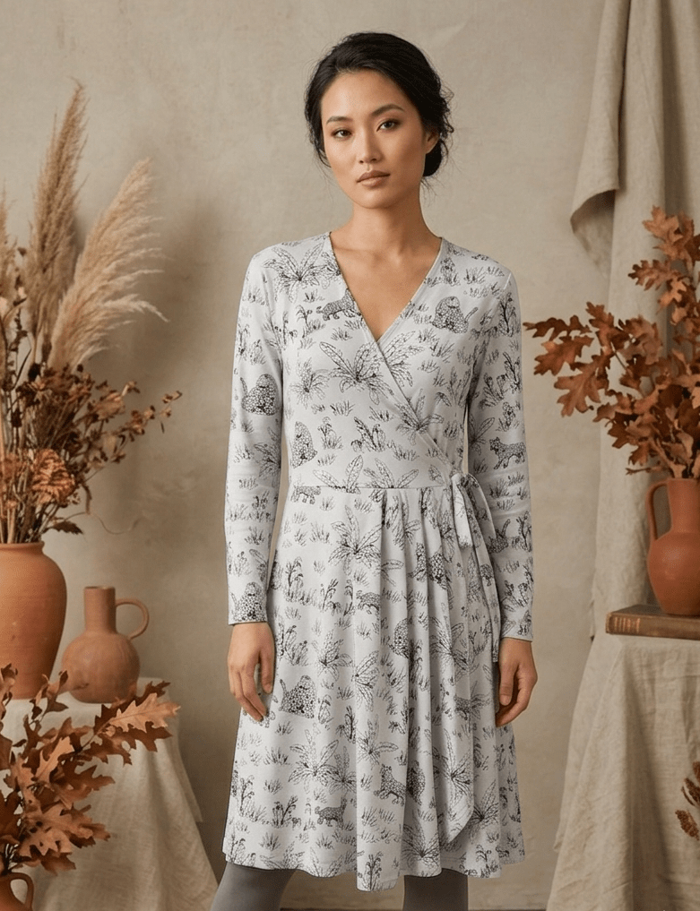 Tigress Glacier Grey Organic Wrap Dress