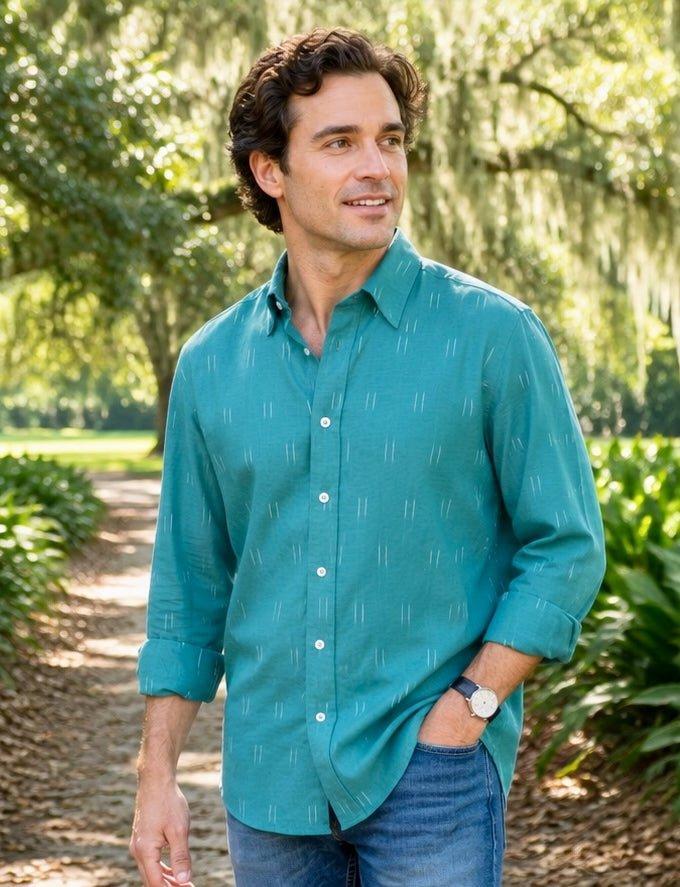 Turquoise Ikat Men's Organic Cotton Button Down Shirt - Pre-Order