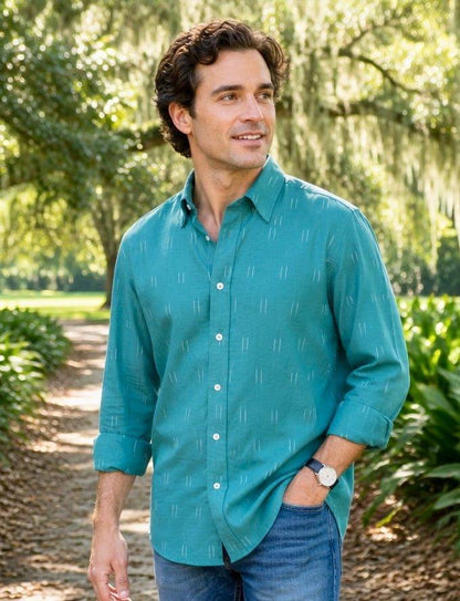 Turquoise Ikat Men's Organic Cotton Button Down Shirt - Pre-Order