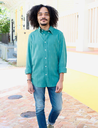 Turquoise Ikat Men's Organic Cotton Button Down Shirt - Pre-Order